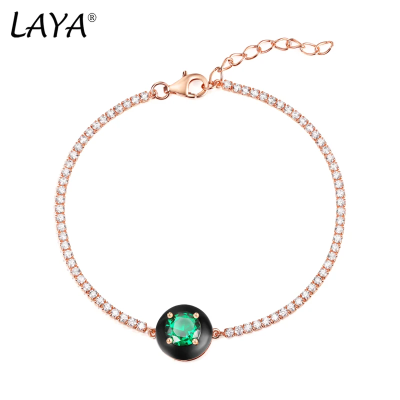 LAYA 925% 100 sterling silver elegant black enamel new fashionable shiny green zircon bracelet 2024 women's exquisite jewelry