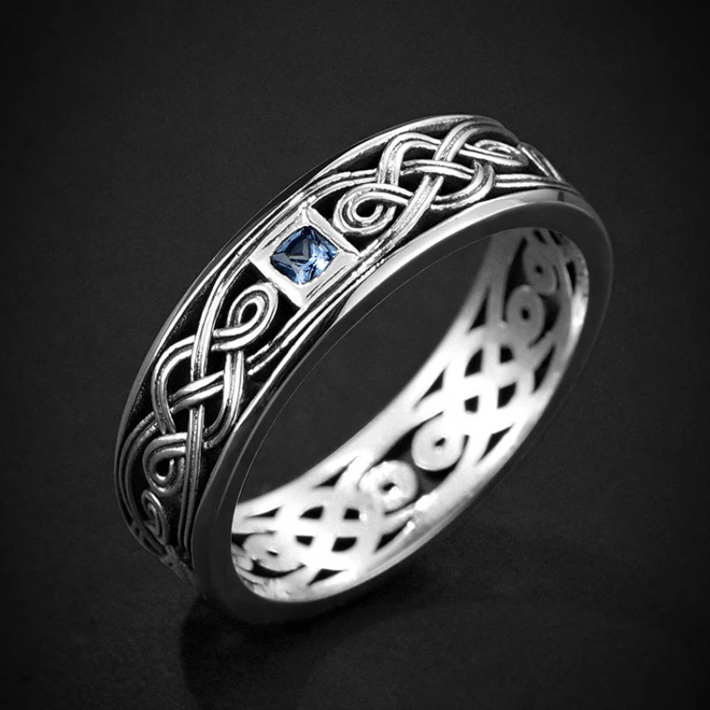 Unique Shining 925 Silver Mens Rings Vintage Light Luxury Design Sense Simple Square Blue Crystal Ring Gift Jewelry Adjustable