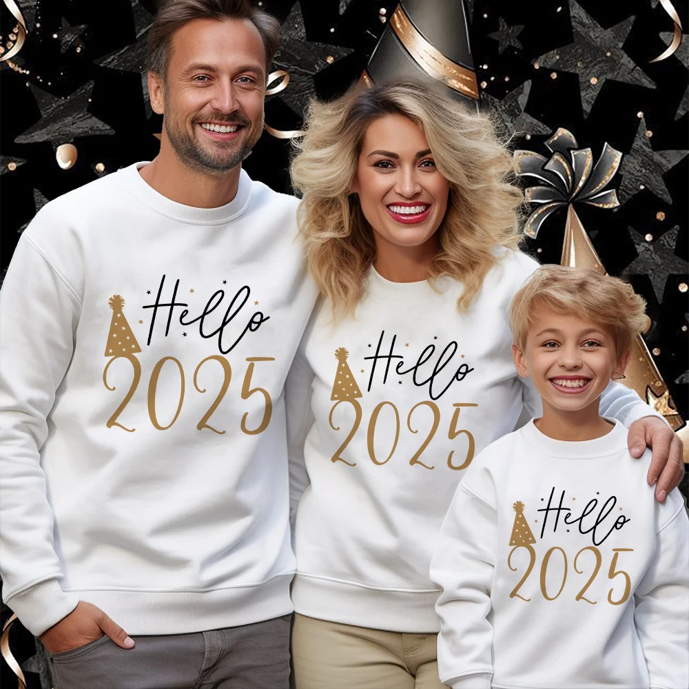 

2025 Happy New Year Dad Mom Boys Girls New Year Clothing Fashion Crewneck Long Sleeve Hoodie Family Matching Tops
