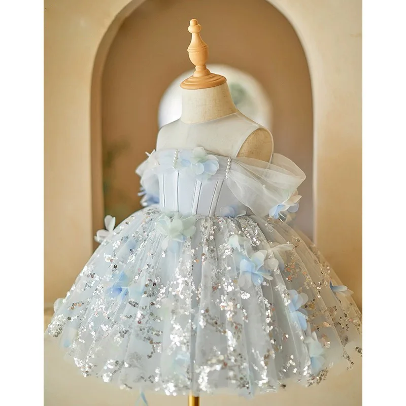 Baby Girls Light Blue Tulle Party Dress Off Shoulder 3d Flower Sequin Dresses Toddler Princess Gown For Birthday And Wedding