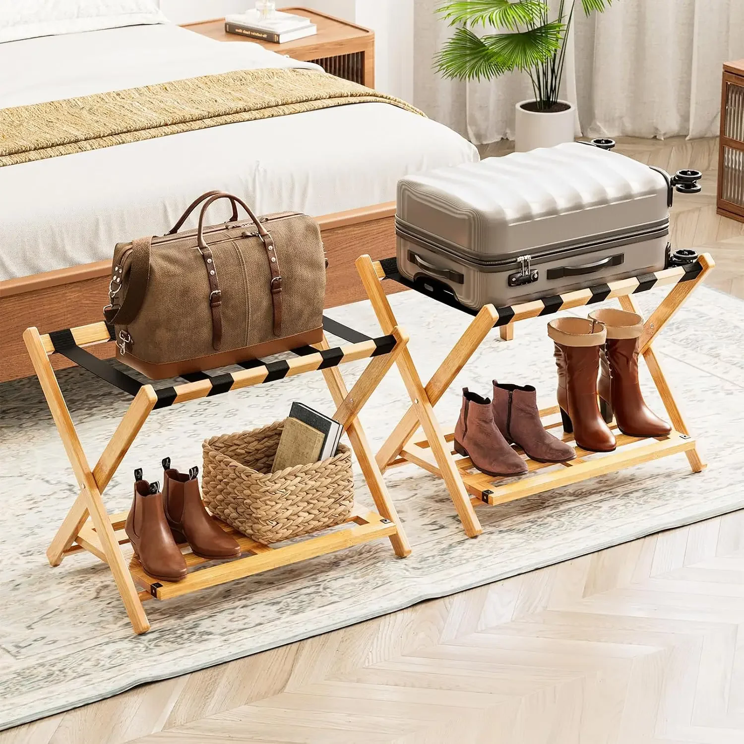 Fully Assembled Luggage Rack 2 Pack, Bamboo Foldable Suitcase Stand for Guest Room, Heavy Duty Folding Luggage Holder