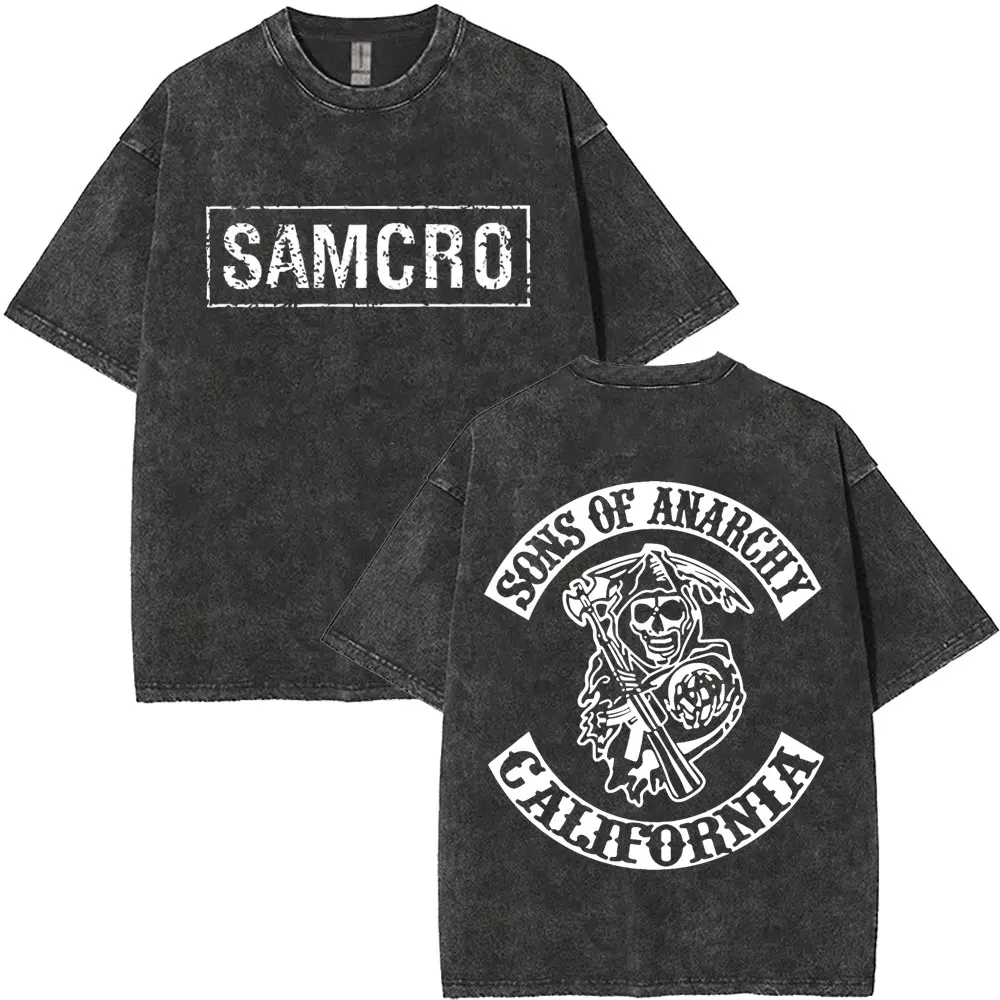 Camiseta Vintage M-2XL Limited Anarchy Son Samcro com Lavagem Especial, Camiseta Casual Unissex com Estampa de Esqueleto, Estilo Hip Hop Rock, Manga Curta