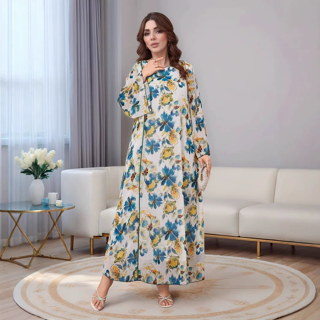 Ramadan Middle East Saudi Arabia plus size women's robe Islamic fashion nail bead chiffon print loose casual trumpet sleeve dres