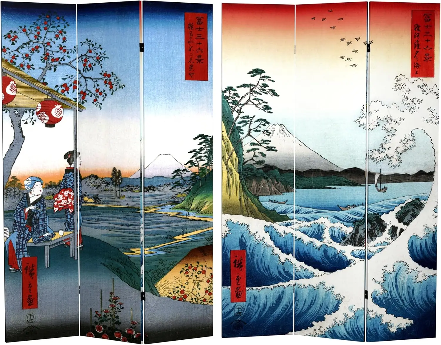 

6 ft. Tall Double Sided Hiroshige Room Divider - Sea at Satta/Teahouse 3 Panel Freestanding Folding Privacy Screen Parti