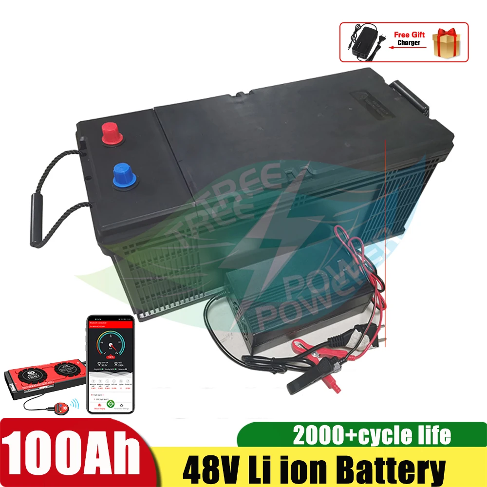 

Lithium Ion Battery 48V 100AH Li Ion Battery With BMS for 4000W Scooter Boat Inverter Solar Energy Storage +10A Charger