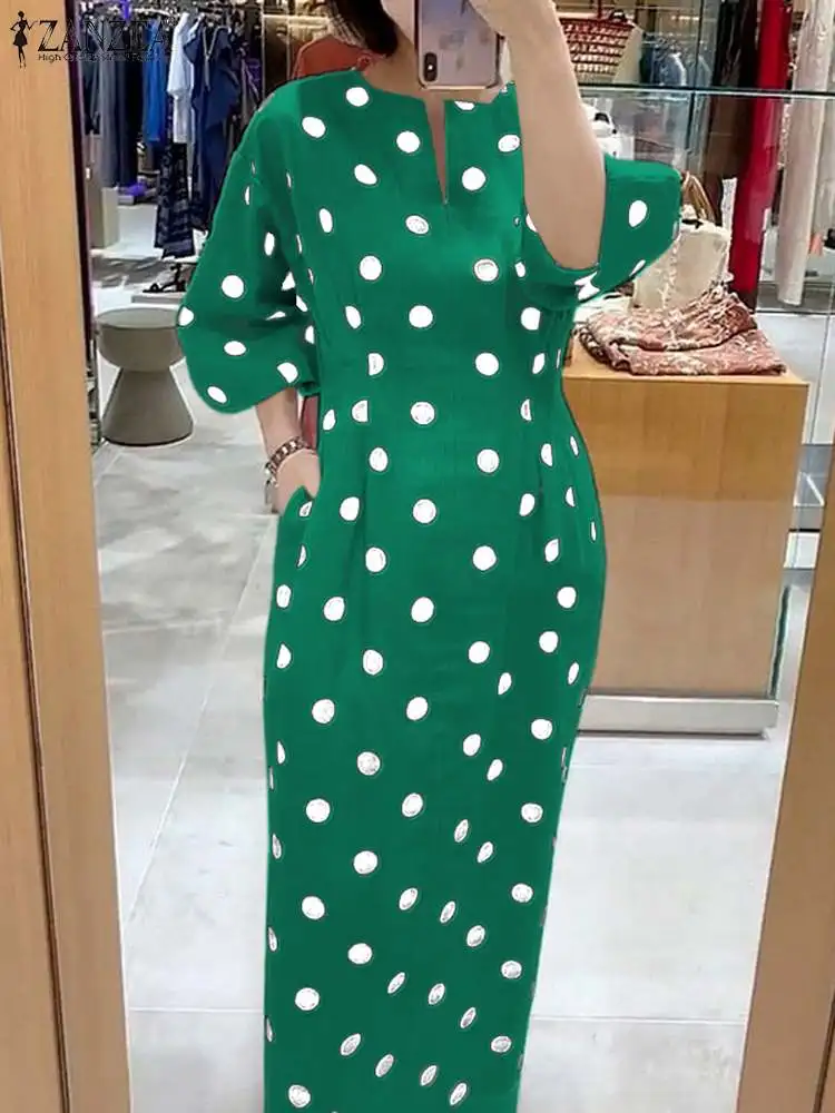 ZANZEA-Vestido Feminino Estampado com Pontos, Manga 3/4, Decote V, Midi Robe, Escritório, Vestidos de Bolso, Fino, Elegante, Verão, Festa, Moda, 2022