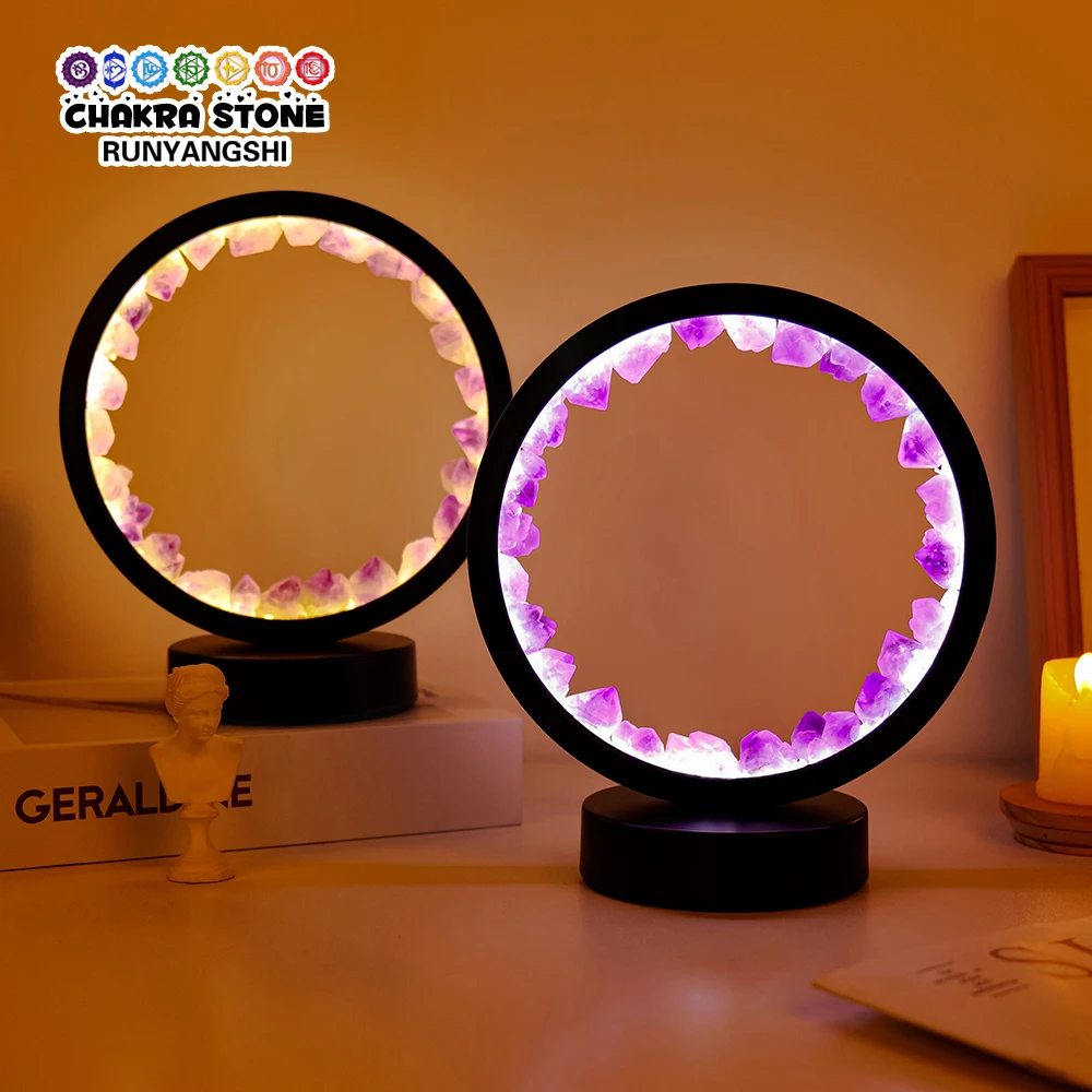 Led Crystal Lamp Room Decoration Natural Gemstone Amethyst Healing Stone Home Decoration Round Lamp Electric fan