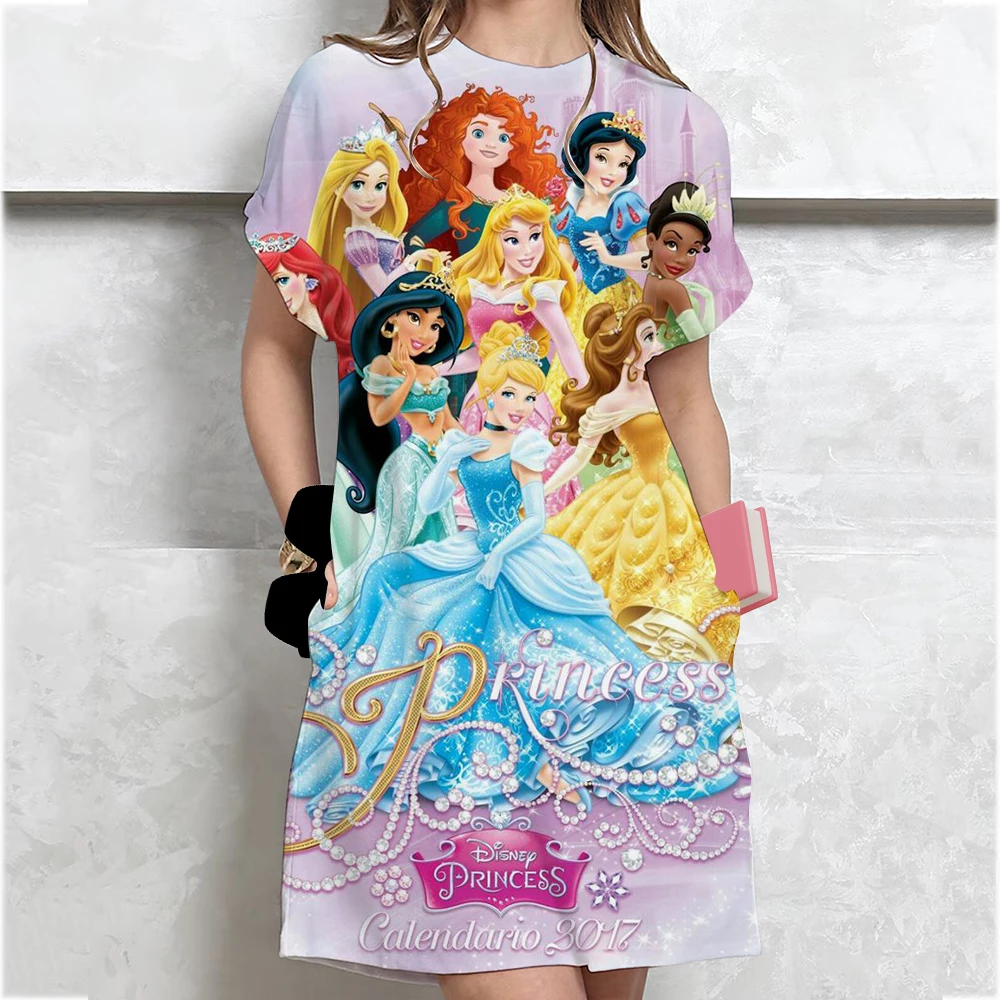 2025 Disney Princess Women's T-shirt Dress Loose Casual Printed O-neck Women's Short sleeved Hoodie Women's Clothing