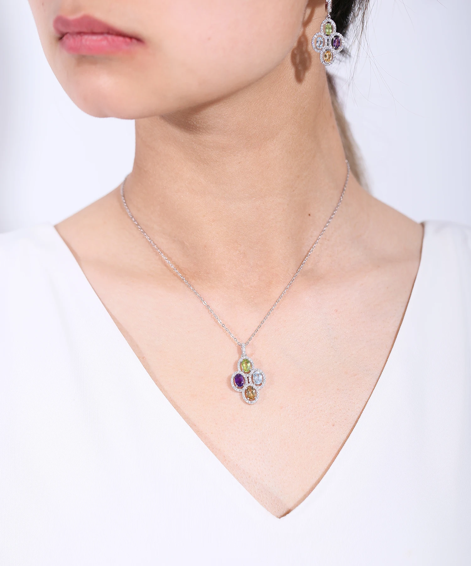 GEM'S BALLET Clover Flower Necklace Natural Amethyst Peridot Topaz Citrine Pendant Necklace in 925 Sterling Silver Gift For Her