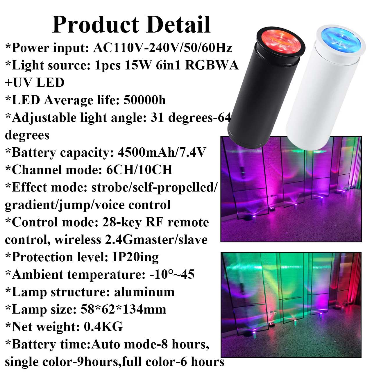 UV 6in1 Wireless Remote Control Light Emitting Diode Spotlight RF Remote Control Wireless DMX Battery 15w Battery Wedding DJ