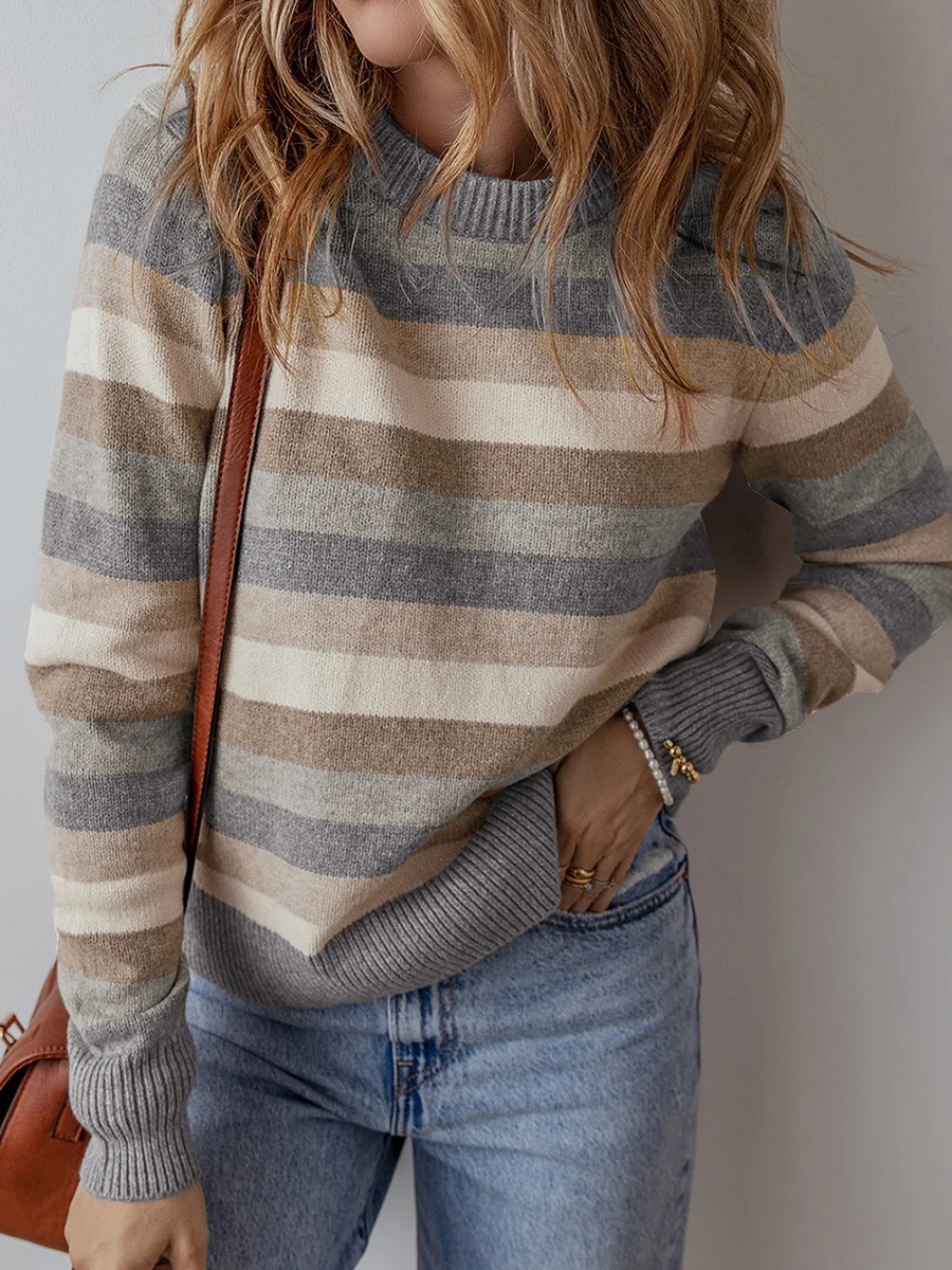 

New Fall 2024 Women's Pullover Round Neck Long Sleeve Top Casual Simple Color-Blocked Printed Sweater