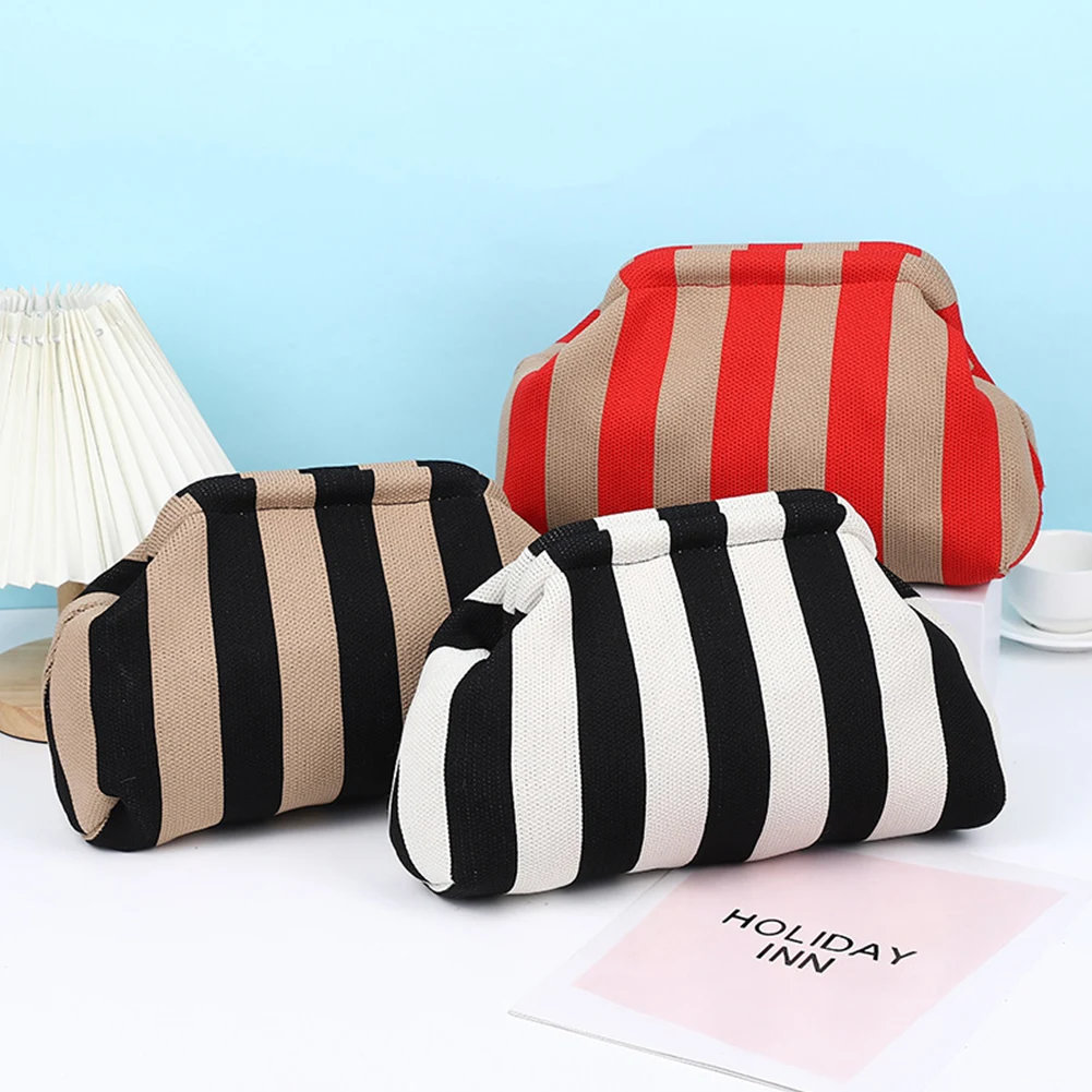 

Women Knit Stripe Purse Contrast Color Knitting Dumpling Clutch Casual Colorblock Bag Woven Bag for Female