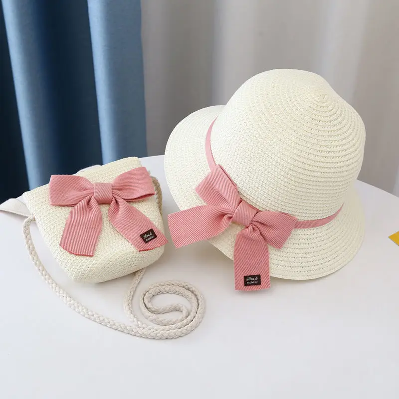 Cute Bow Girls Straw Hat+Shoulder Bag Summer Outdoor Sun Bucket Hat Tote Bags 2pcs a Set Baby Travel Beach Sunshade Hat Gorros