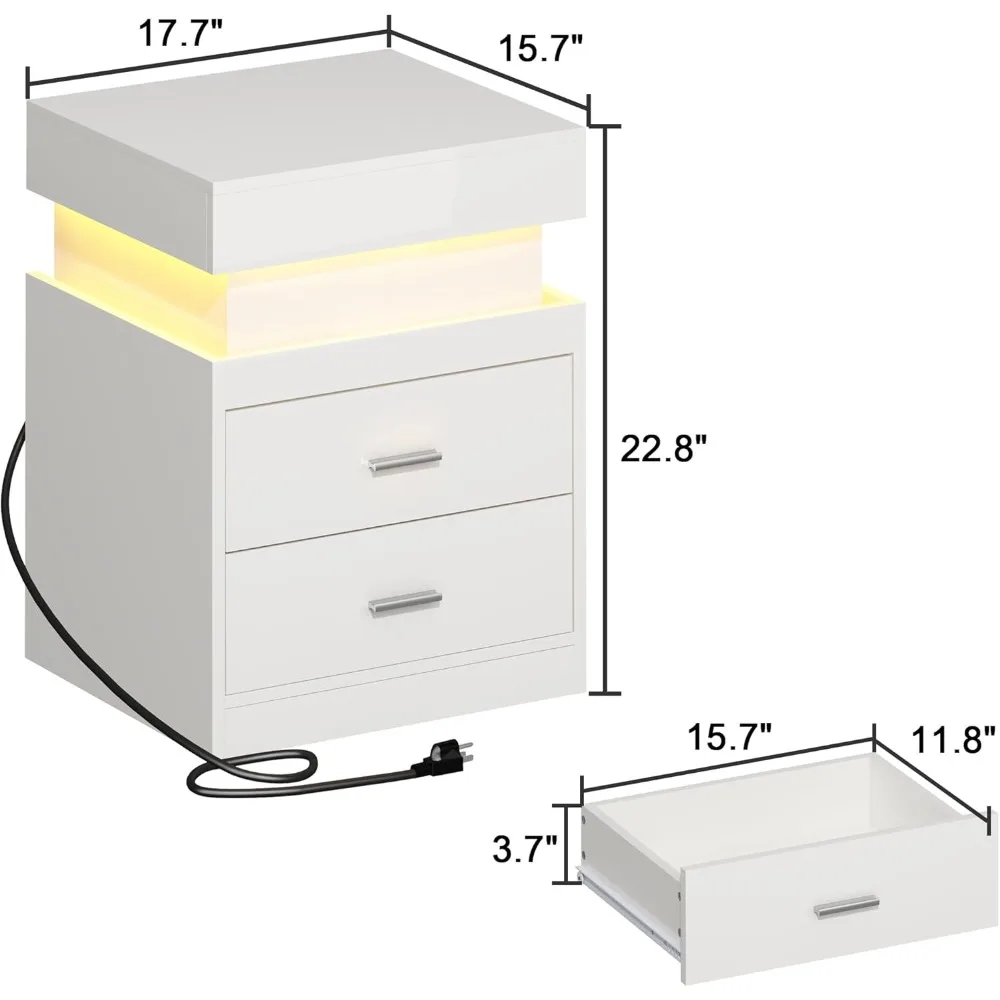 LED Nightstand with Charging Station, Smart Night Stand with Sliding Top Storage, 2-Drawers High Gloss Bedside Table.