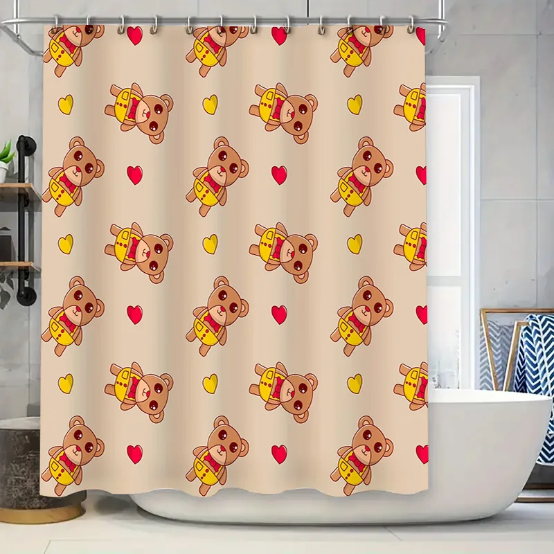

Kids Bath Shower Curtain Decor with Love Bears Pattern for Bathroom Home Decor Waterproof Fabric Yellow Red Hearts Design Size60
