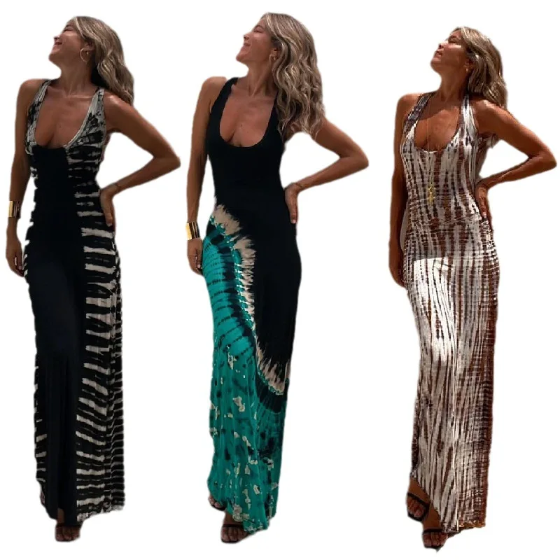 2025 Spring Women's Dress Long Printed Loose Cross Lace Backless Dress Women's Elegant Sexy Fashionable Casual Women's Clothing