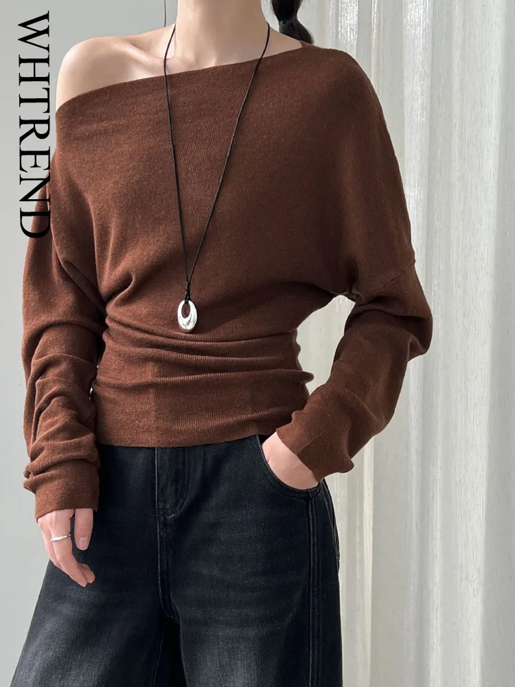 

WHTREND Designer Gathered Waist Slim Fit Asymmetrical Shoulder Knitted Sweater For Women Autumn New Long Sleeves Pullover WH1269