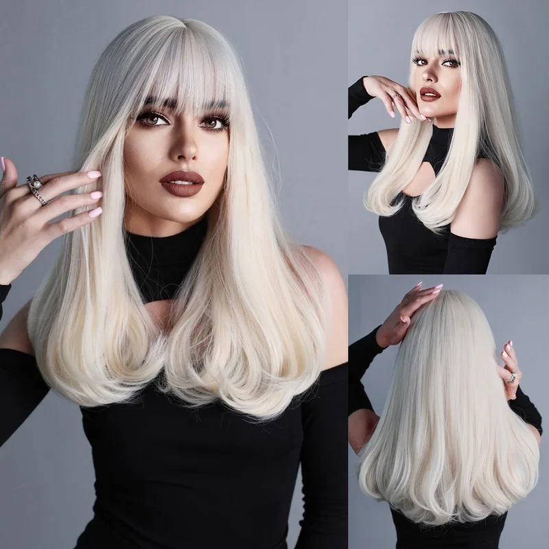 Platinum Blonde Wigs Synthetic Long Curly Wig With Bangs