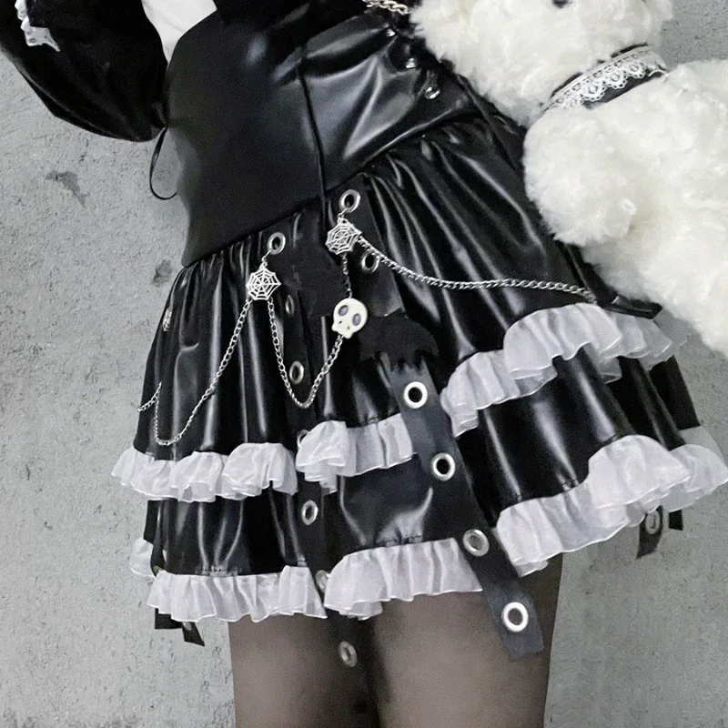 2025 estilo japonês Spice Girl subcultura punk escuro harajuku saia de couro cinta renda cintura alta uma linha saia de bolo fino