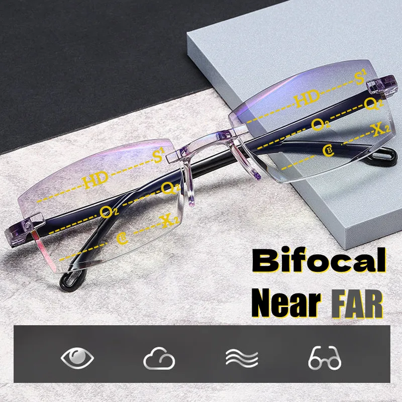 2PCS Unisex Bifocal Reading Glasses Men Women Flexible Rimless Near and Far Eyesglasses Vintage Classic Anti-blue Light Eyewear