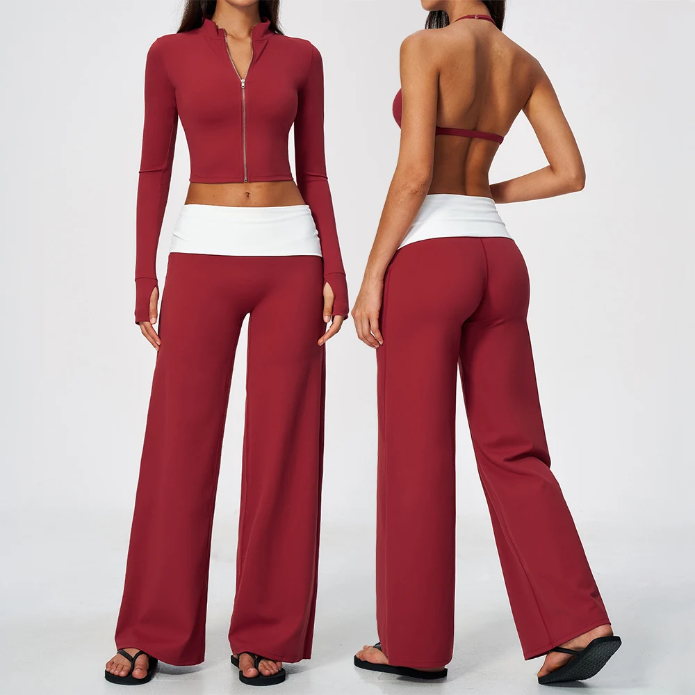 Zip Jacket Wide Leg Pants 2 Piece Yoga Set Women Gym Fitness Running Workout Tracksuit Sportswear Stretch Slim