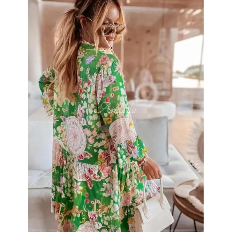 

Women's V-Ne Print Dr Button Floral Casual Sport Suit Seven Sve Long Autumn New Sle Cross-Border Dr
