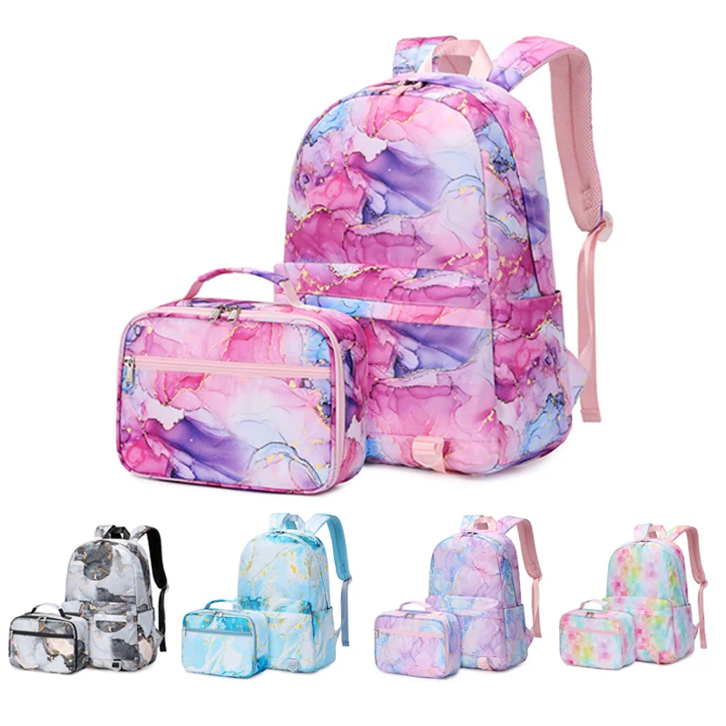 

2pcs Fashion Colorful Multi Pocket Backpack with Lunch Bag Rucksack Casual School Bags for Men Women Teenagers Sets