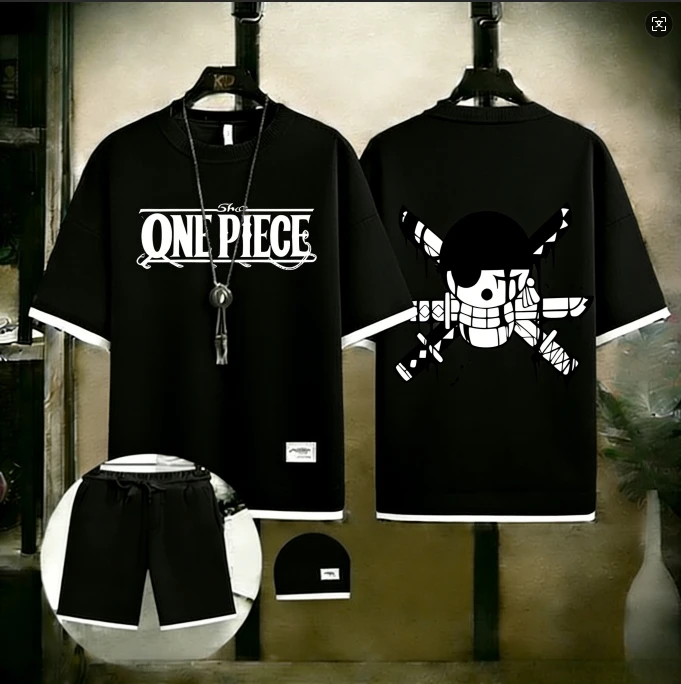 

One Piece Tee & Shorts Set, Casual Summer Cotton Outfit, Breathable Anime Streetwear Loungewear for Men Women Daily Wear