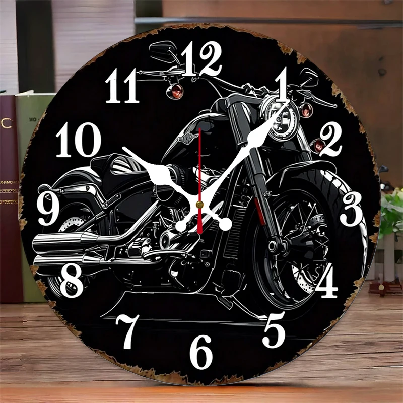 Fantasy Motorrad-Wanduhr aus Holz, rund, geräuschlos, zum Aufhängen, geeignet für Wohnzimmer, Büro, Arbeitszimmer, Schlafzimmer, Heimdekoration