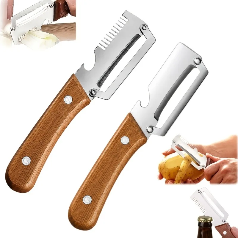 2Pcs Wooden Handle Multi-tool Peeler Slicer Bottle Opener for Kitchen Prep Wood Handle Color May Vary Slightly Naturally