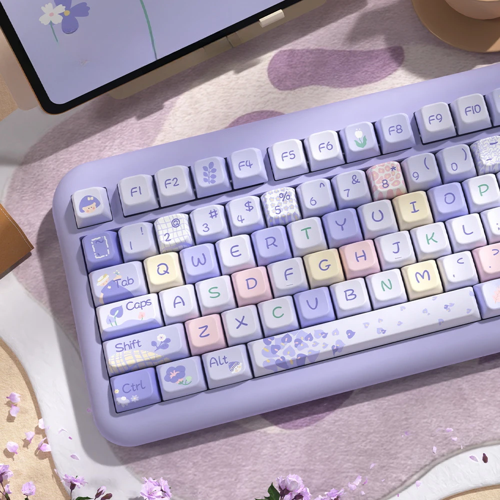 Keyboard Keycaps Cute Girls Purple Flower Key Caps MDA Key Caps for Mechanical Keyboard Accessories Decor for Office Home Work