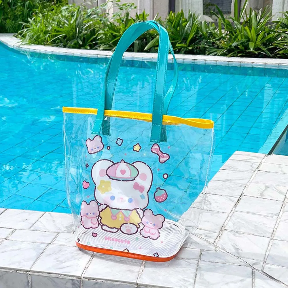 Korean Style PVC Cartoon Tote Bag Storage Bag Cartoon Bear Transparent Handbag Shopping Bag Shower Bag PVC Shoulder Bag Beach