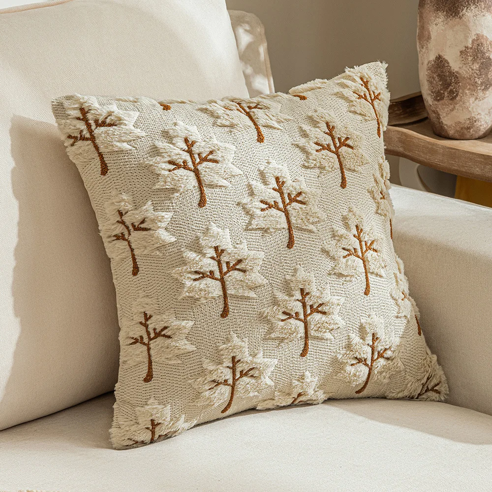 Maple Leaves Cushion Cover Mustard Ivory Brown Plush Embroidery Autunm Fall Decoration Pillow Case 30x50cm 45x45cm 50x50cm