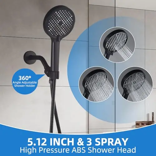 

Black 5.12 Inch High Pressure ABS Shower Head With 3 Spray Modes And 360° Adjustable Holder