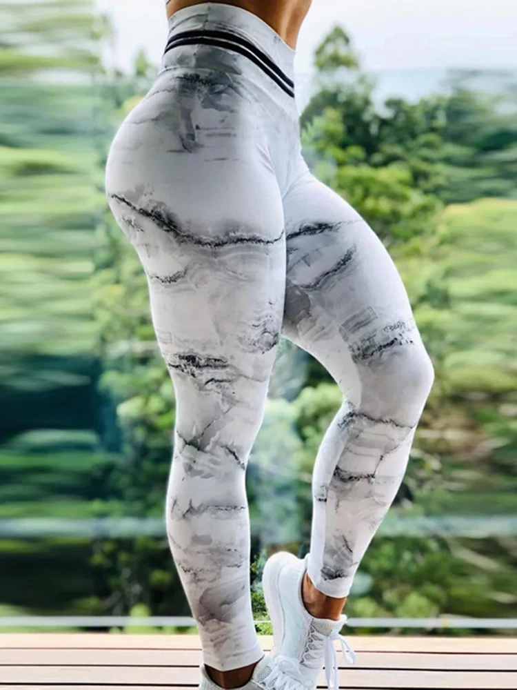 Legginsy Fitness damskie sportowe marmurowy nadruk sportowe sportowe spodnie do jogi sportowe rozciągliwe sportowe spodnie do biegania z wysokim stanem