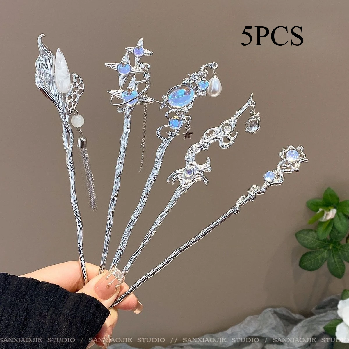 

3/5/6/PCS Advanced Starry Sky Moonstone Tassel Hairpin Cool Women's New Chinese Modern Hairpin Headgear Antique Hairpin