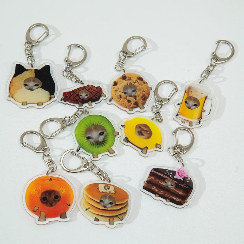 متعة القط سلسلة مفاتيح مصنوعة من الأكريليك سعيد مضحك الغذاء القط مفتاح سلسلة Kawaii الحيوان على ظهره الاكسسوارات قلادة عيد ميلاد مجوهرات هدية ديكور