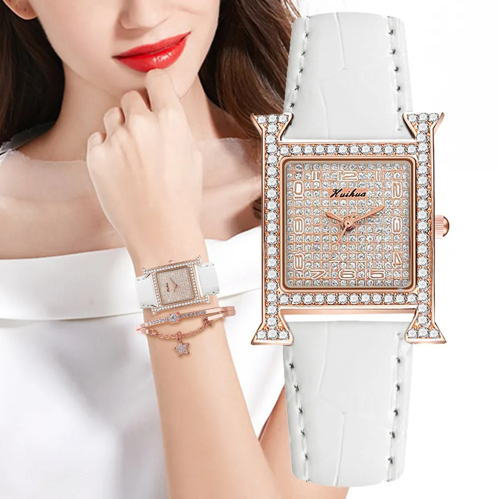 Luxury Ladies Brand Watches Fashion Square Diamond Full of Stars Lady Quartz Watch Casual Leather Women Dress Clocks Wristwatche