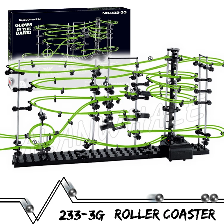 Juego de construcción de modelo de montaña rusa para niño, escultura de bola rodante de laberinto, 1350cm, nivel de riel 3, carrera nocturna luminosa, brilla en la oscuridad