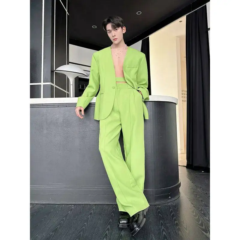 

Fluorescent Green No Collar Suit Set Two Piece Male Model High End Feeling Personality Western Clothes Youth Trend Casual Scene