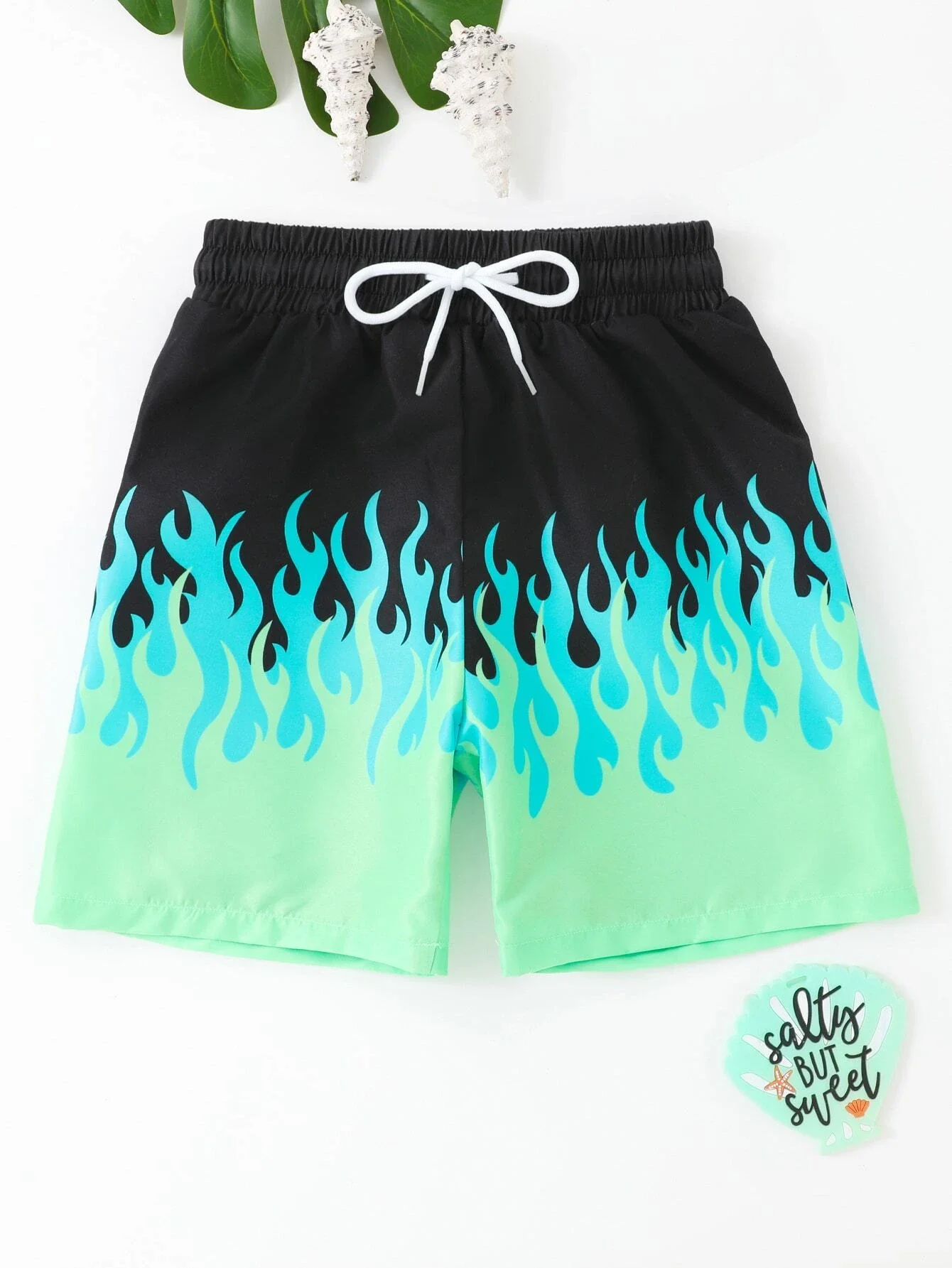 Summer Vacation Single Piece Flame Print Drawstring Waist Beach Shorts Men's Swim Trunks 3D Print Breathable Short Streetwear