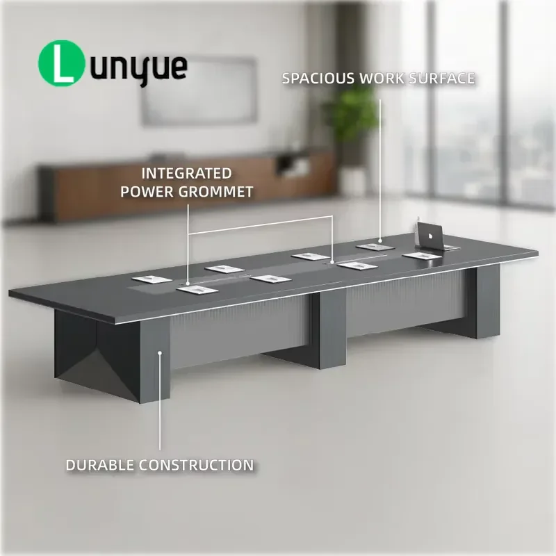 Large Conference Table with Built-in Power Rail Cable Box Durable Thick Panels Modern Wood Finish for Office Meeting Room