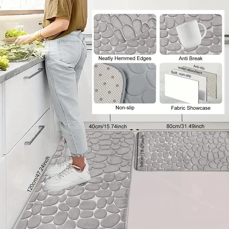 1pc Large kitchen Mat Bathroom Floor Mat Cobblestone Embossed Soft Absorbent Foot Mat Anti Slip Bath Rug Washable Hallway Carpet