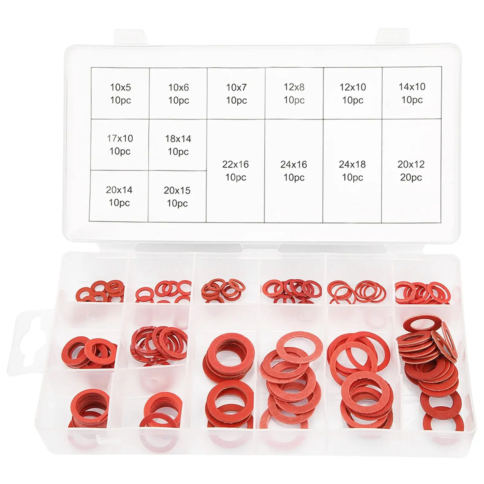 

150/600pc Flat Washer Assortment Kit, Red Steel/Paper Fiber Insulation Washer, 12/14 Sizes, Spacer Tool