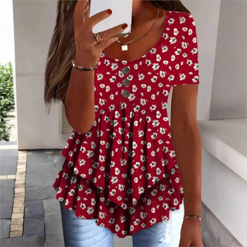 Fashion Flower Irregular Womens Top Casual O Neck Button Short Sleeve Print Ruffles Blouse Lady Elegant Summer Blouse And Tops
