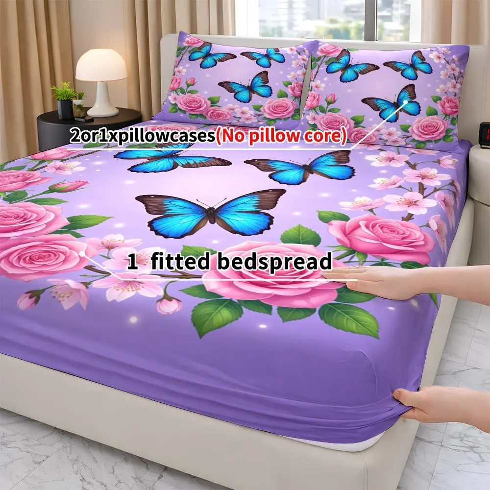 Christmas 2D Digital Print Three-Piece Bedding Set (includes 1 fitted sheet + 2 pillowcases) Mattress Protector, Fitted Sheet with Elastic Band, Protective Cover, Mattress Protector, Floral Butterfly Fitted Sheet Set