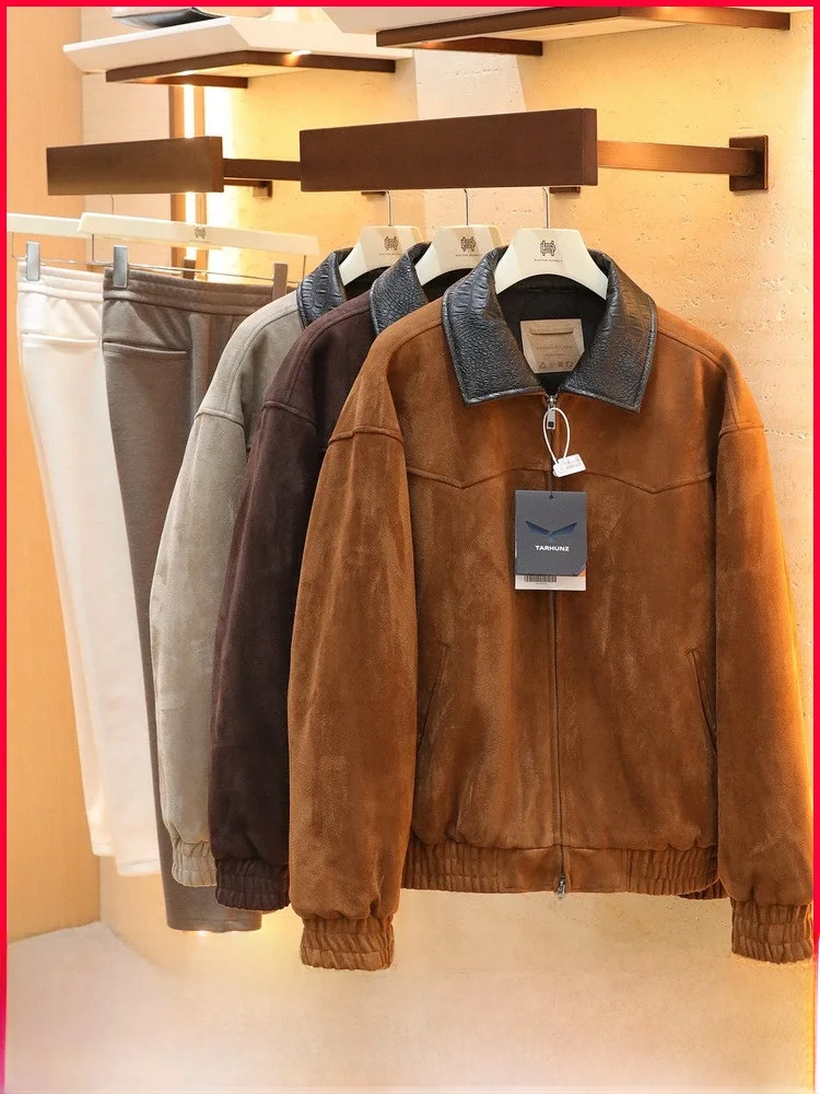 

Thiened Retro Men's Suede Jaet Cotton Coat Warmth Youth Faion Zipper Closure Casual Long Sve Pure Color Cleanfit