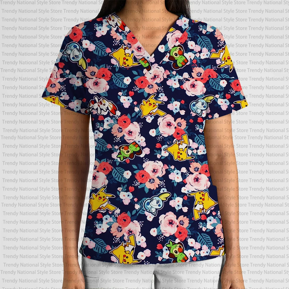 Summer Pokémon Print Pet Shop Clothing Fashionable Commuter Surgical Gown Top Women's Medical Surgical Gown V-neck T-shirt view 6