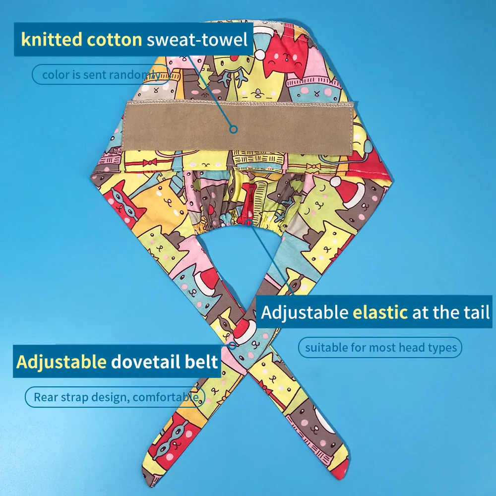 Świąteczna miękka czapka z nadrukiem, pielęgniarska chusta na głowę pochłaniająca pot, ręcznik, chirurgiczna czapka przeciwbrudna z czystej bawełny, czapka lekarska, pyłoszczelna.