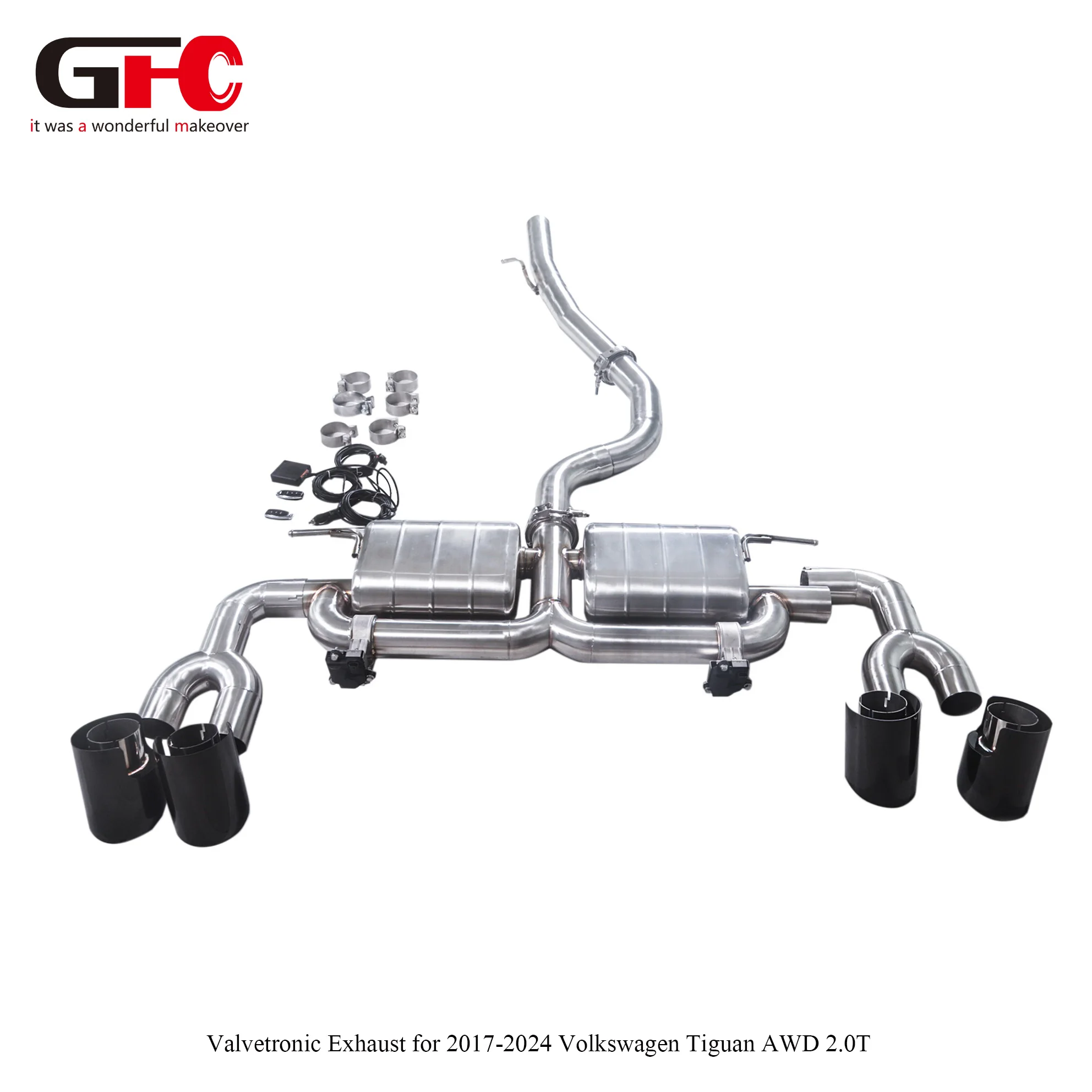 For VW Tiguan 2.0T AWD 2019 Catback Exhaust System, Dual Mufflers with Dual Valves, Slant-Cut Quad Tips
